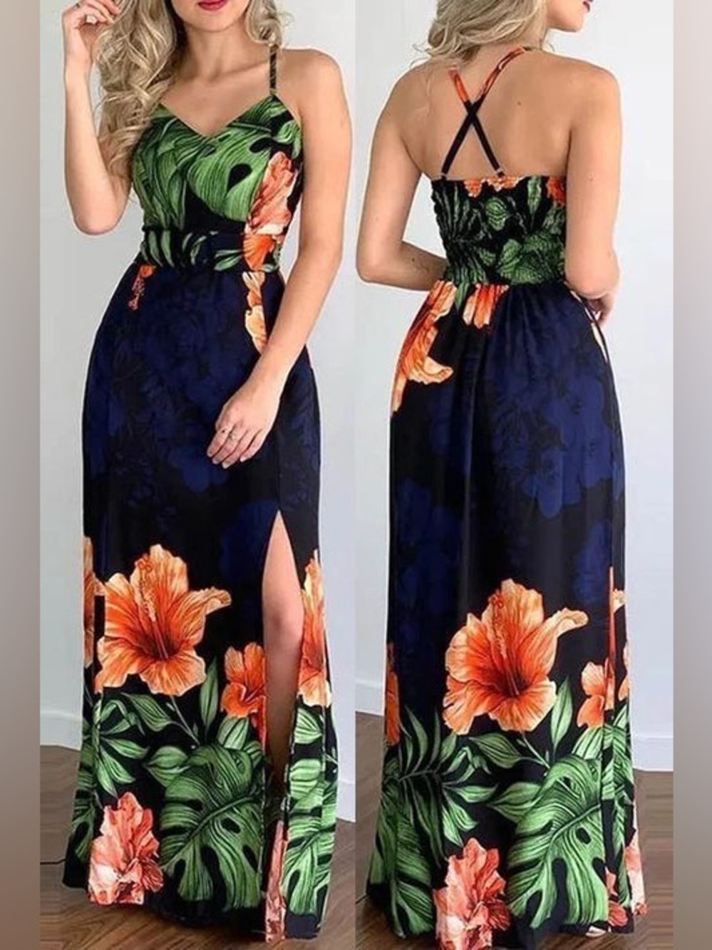 Tropical Floral Maxi Dress - Green & Orange